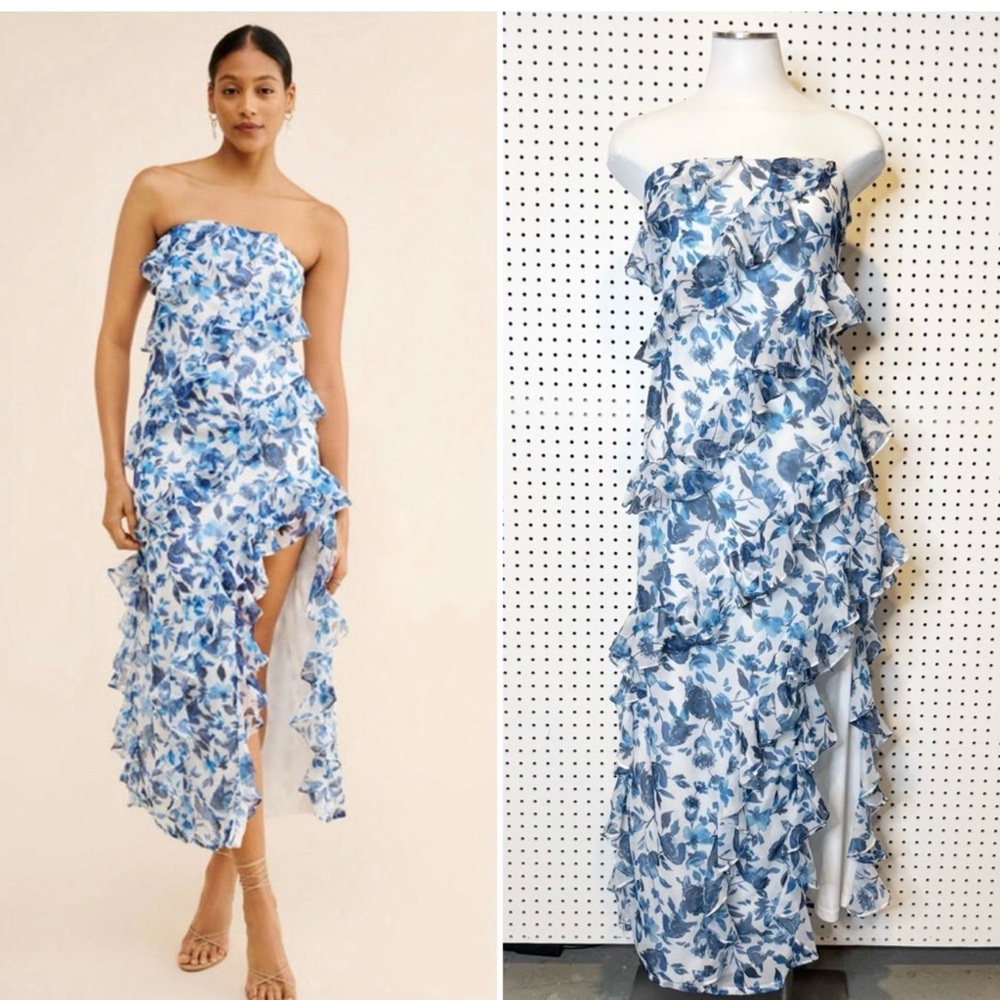 BHLDN Strapless Blue Floral Dress